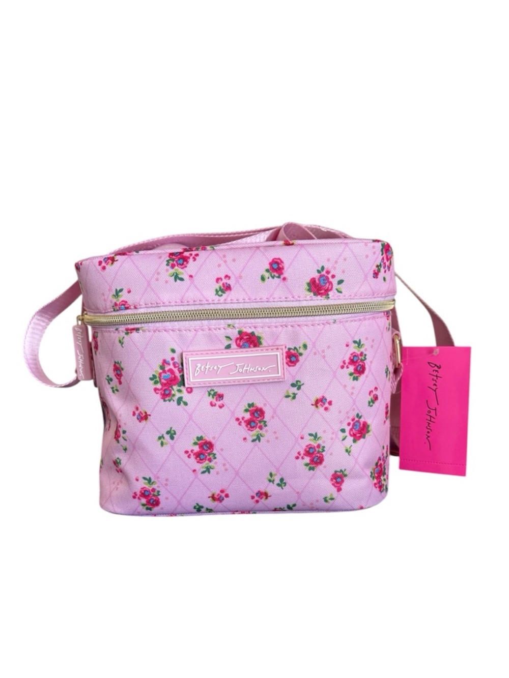 Betsey Johnson Pink Floral Zip Top Insulated Lunch Tote w/ Adjustable Strap NWT